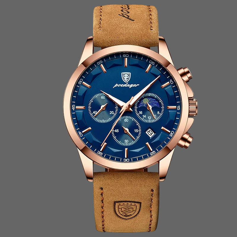 Reloj POEDAGAR De Cuero Genuino Para Hombre, Cronómetro Con Calendario Luminoso a La Moda, Reloj Masculino Resistente Al Agua Con Fase Lunar, Reloj De Pulsera De Cuarzo Para Hombre