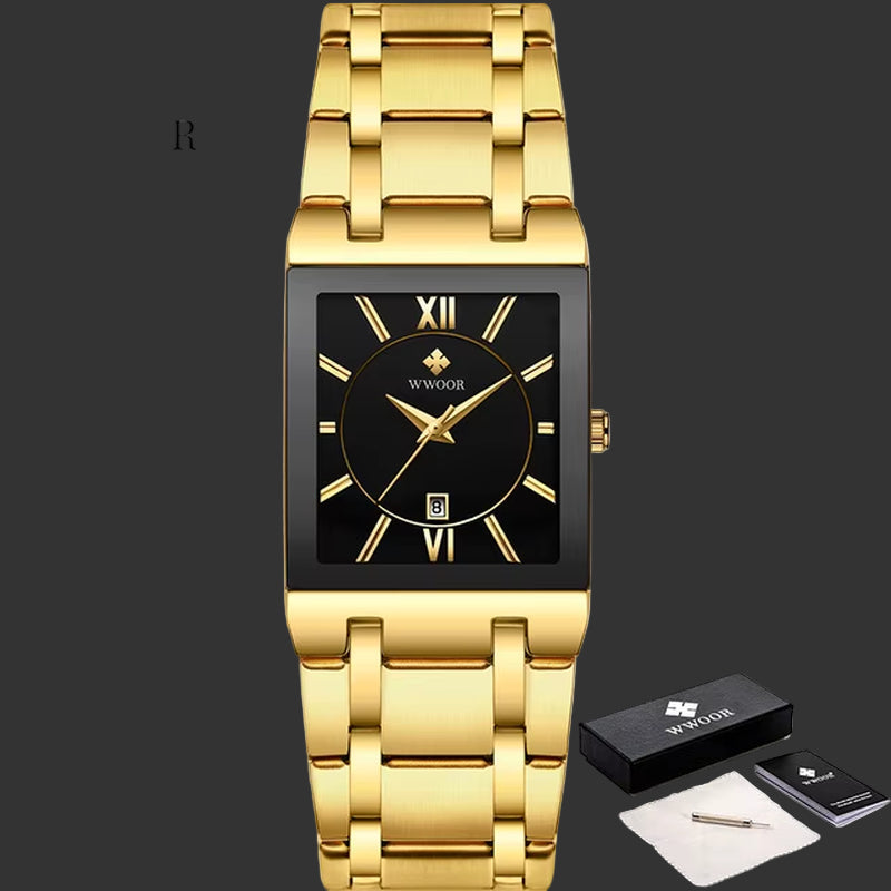Wwoor-Reloj Cuadrado De Acero Inoxidable Para Hombre, Pulsera De Cuarzo Resistente Al Agua, De Lujo, Color Dorado Y Negro, 2024