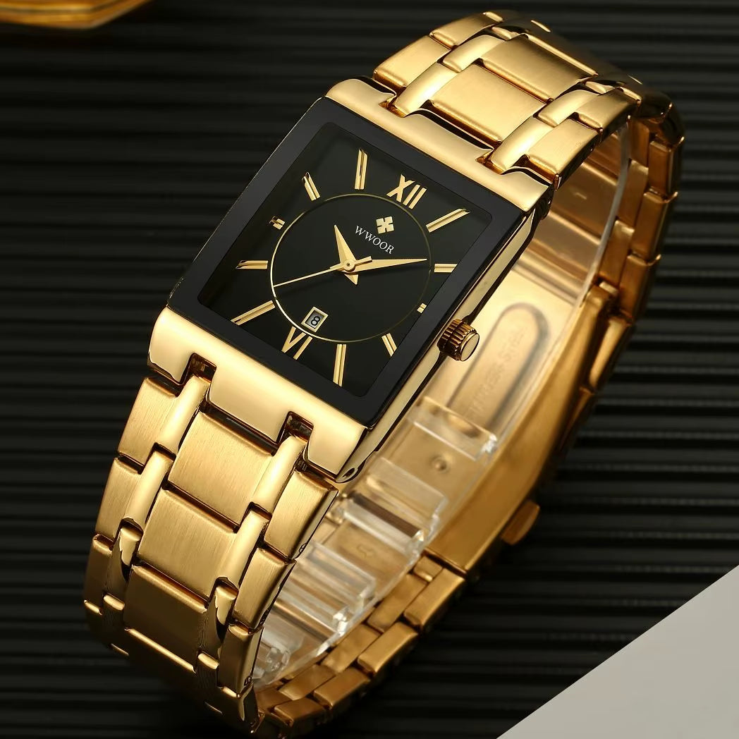 Wwoor-Reloj Cuadrado De Acero Inoxidable Para Hombre, Pulsera De Cuarzo Resistente Al Agua, De Lujo, Color Dorado Y Negro, 2024