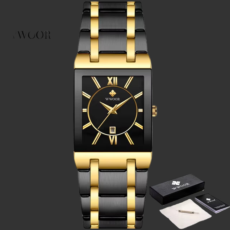 Wwoor-Reloj Cuadrado De Acero Inoxidable Para Hombre, Pulsera De Cuarzo Resistente Al Agua, De Lujo, Color Dorado Y Negro, 2024