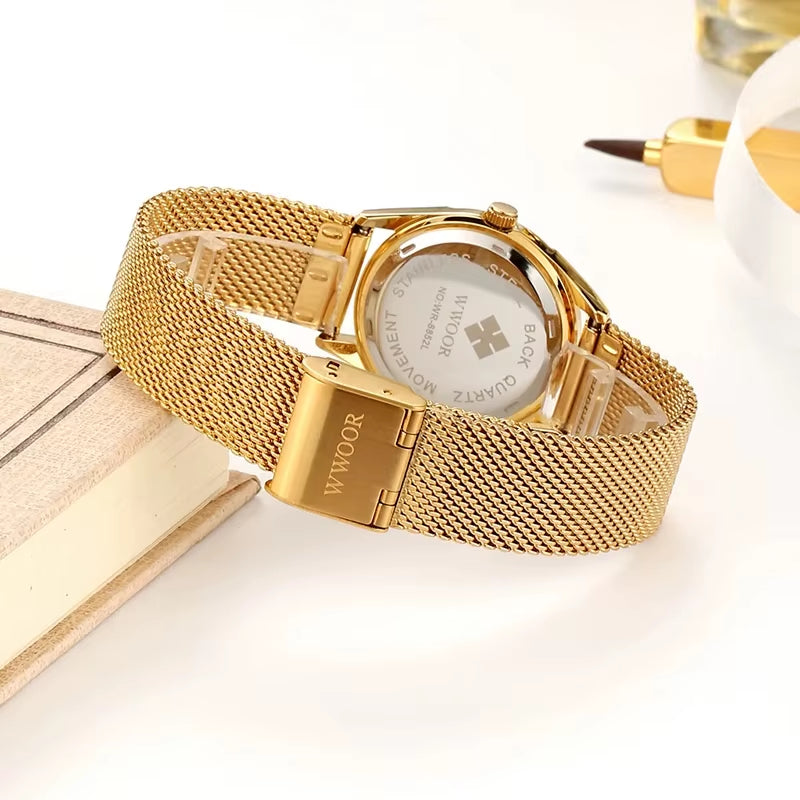 WWOOR, Reloj Dorado De Marca De Lujo Para Mujer, Relojes De Pulsera De Cuarzo Pequeños Con Diamantes Elegantes Para Mujer, Reloj De Malla De Acero Zegarek Damski