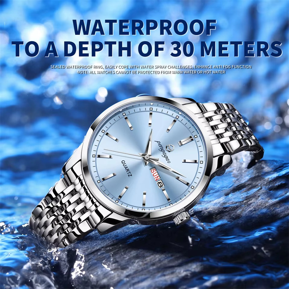 Reloj De Lujo PENGAGAR Para Hombre, Resistente Al Agua, Luminoso, Con Fecha, Semana, Reloj De Acero Inoxidable Para Hombre, Relojes De Cuarzo Informales Para Hombre, Reloj Masculino + Caja