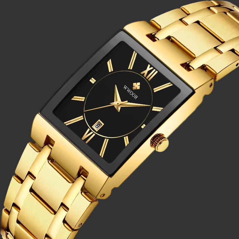 Wwoor-Reloj Cuadrado De Acero Inoxidable Para Hombre, Pulsera De Cuarzo Resistente Al Agua, De Lujo, Color Dorado Y Negro, 2024