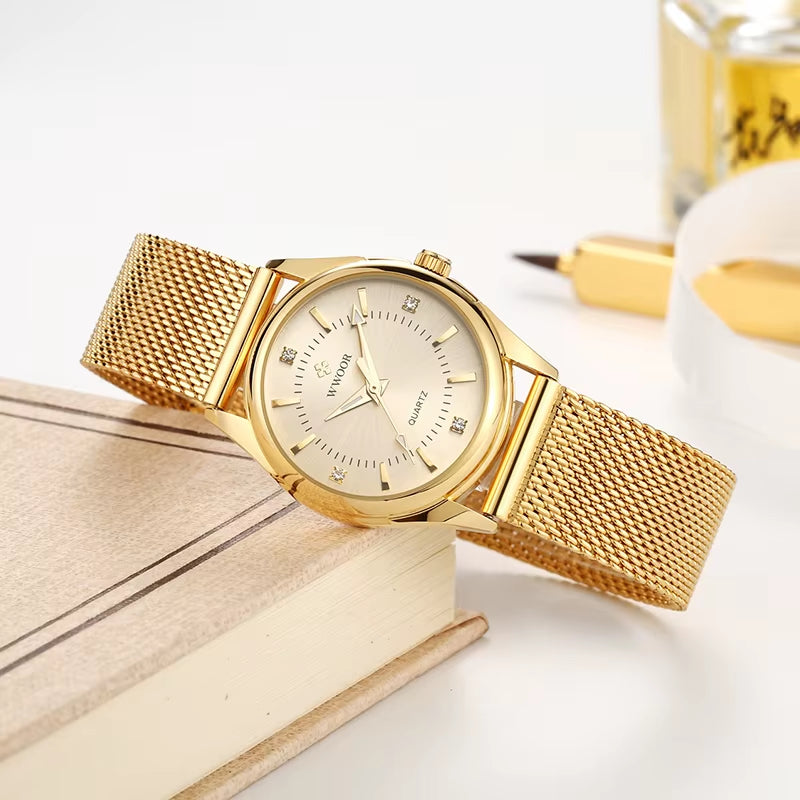 WWOOR, Reloj Dorado De Marca De Lujo Para Mujer, Relojes De Pulsera De Cuarzo Pequeños Con Diamantes Elegantes Para Mujer, Reloj De Malla De Acero Zegarek Damski