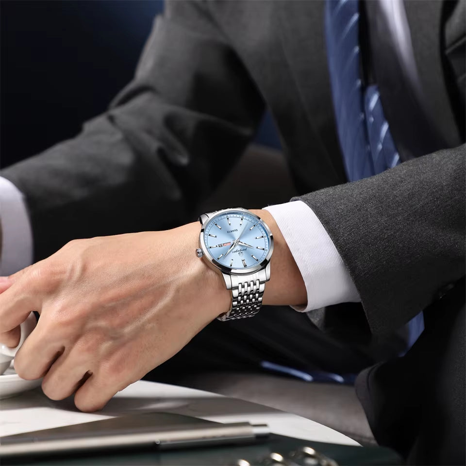 Reloj De Lujo PENGAGAR Para Hombre, Resistente Al Agua, Luminoso, Con Fecha, Semana, Reloj De Acero Inoxidable Para Hombre, Relojes De Cuarzo Informales Para Hombre, Reloj Masculino + Caja