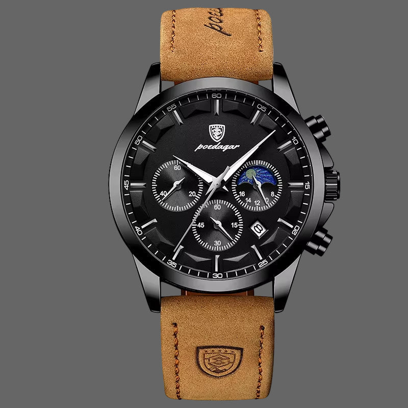 Reloj POEDAGAR De Cuero Genuino Para Hombre, Cronómetro Con Calendario Luminoso a La Moda, Reloj Masculino Resistente Al Agua Con Fase Lunar, Reloj De Pulsera De Cuarzo Para Hombre