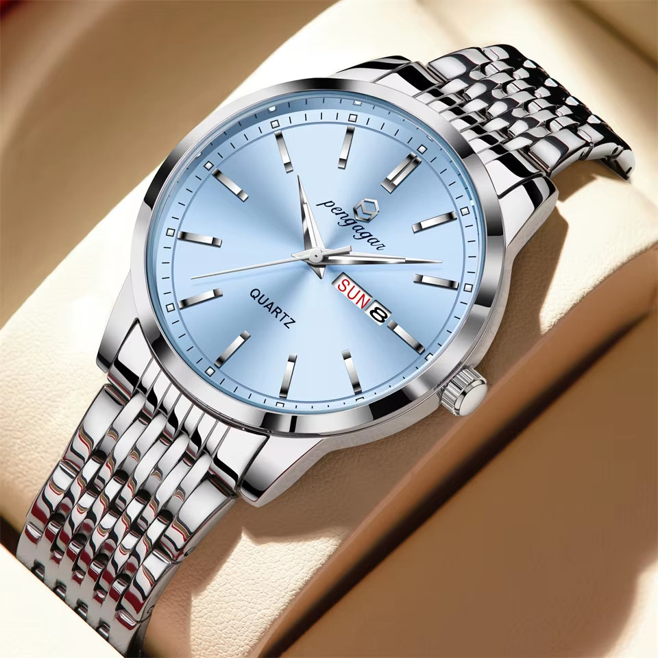 Reloj De Lujo PENGAGAR Para Hombre, Resistente Al Agua, Luminoso, Con Fecha, Semana, Reloj De Acero Inoxidable Para Hombre, Relojes De Cuarzo Informales Para Hombre, Reloj Masculino + Caja