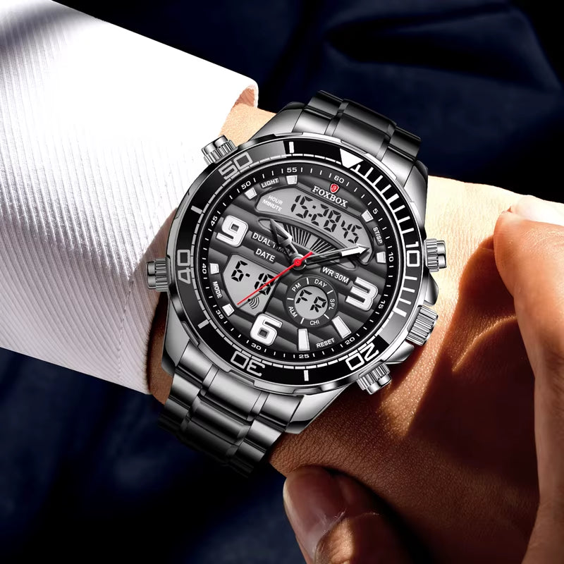 Foxbox-Reloj De Pulsera Deportivo Para Hombre, Cronógrafo De Acero Inoxidable Con Doble Pantalla, Resistente Al Agua, Con Fecha, Nuevo, 2022