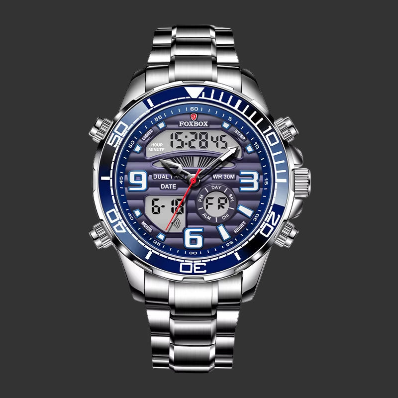 Foxbox-Reloj De Pulsera Deportivo Para Hombre, Cronógrafo De Acero Inoxidable Con Doble Pantalla, Resistente Al Agua, Con Fecha, Nuevo, 2022