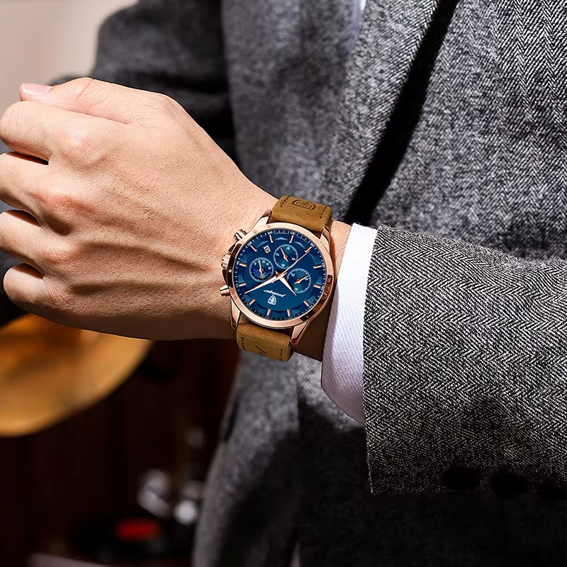 Reloj POEDAGAR De Cuero Genuino Para Hombre, Cronómetro Con Calendario Luminoso a La Moda, Reloj Masculino Resistente Al Agua Con Fase Lunar, Reloj De Pulsera De Cuarzo Para Hombre