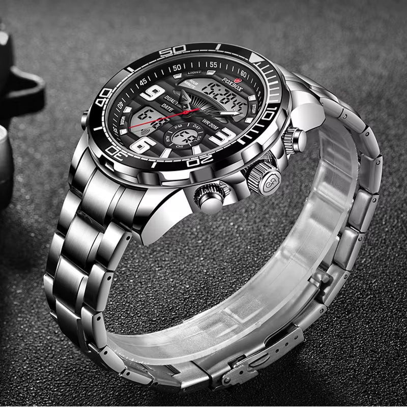 Foxbox-Reloj De Pulsera Deportivo Para Hombre, Cronógrafo De Acero Inoxidable Con Doble Pantalla, Resistente Al Agua, Con Fecha, Nuevo, 2022