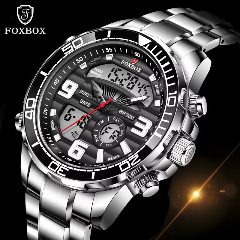 Foxbox-Reloj De Pulsera Deportivo Para Hombre, Cronógrafo De Acero Inoxidable Con Doble Pantalla, Resistente Al Agua, Con Fecha, Nuevo, 2022