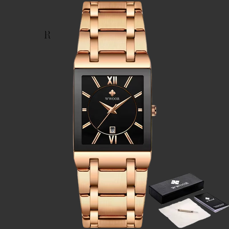 Wwoor-Reloj Cuadrado De Acero Inoxidable Para Hombre, Pulsera De Cuarzo Resistente Al Agua, De Lujo, Color Dorado Y Negro, 2024
