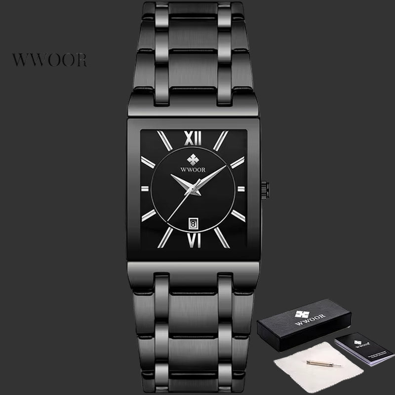 Wwoor-Reloj Cuadrado De Acero Inoxidable Para Hombre, Pulsera De Cuarzo Resistente Al Agua, De Lujo, Color Dorado Y Negro, 2024