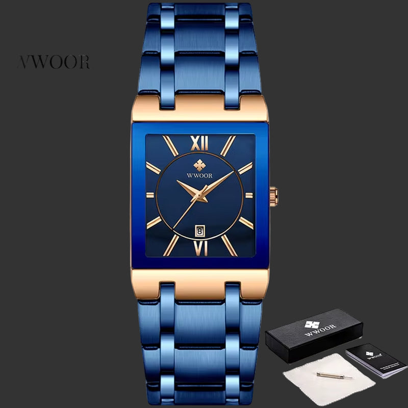 Wwoor-Reloj Cuadrado De Acero Inoxidable Para Hombre, Pulsera De Cuarzo Resistente Al Agua, De Lujo, Color Dorado Y Negro, 2024