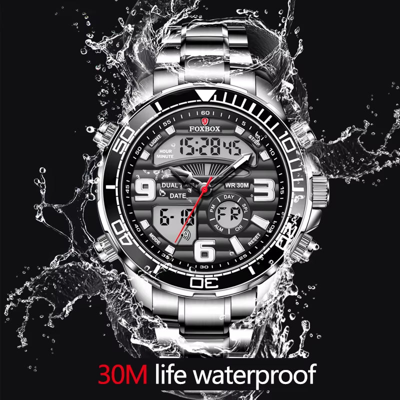 Foxbox-Reloj De Pulsera Deportivo Para Hombre, Cronógrafo De Acero Inoxidable Con Doble Pantalla, Resistente Al Agua, Con Fecha, Nuevo, 2022