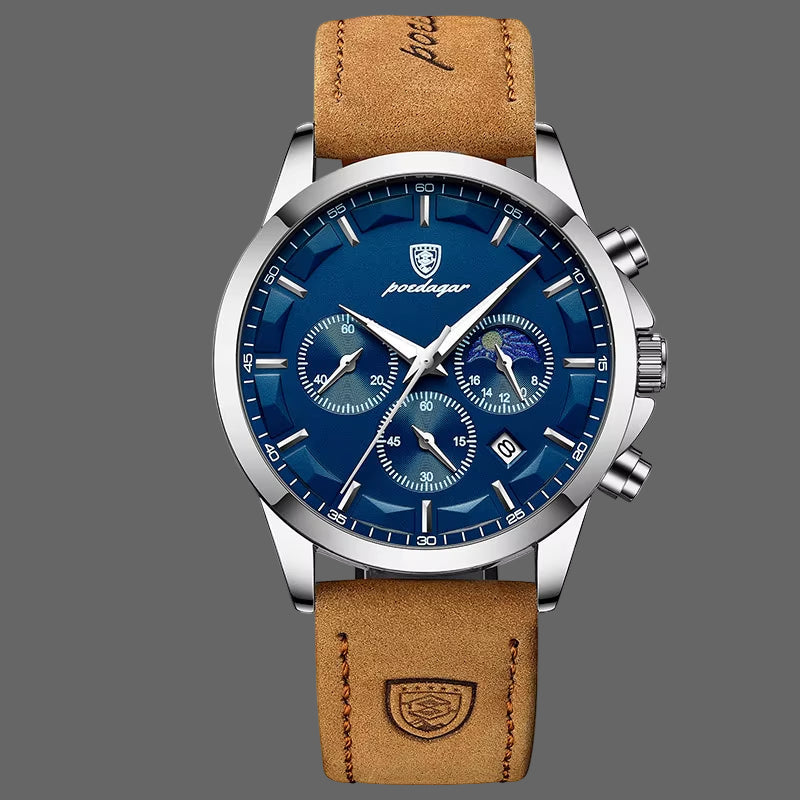 Reloj POEDAGAR De Cuero Genuino Para Hombre, Cronómetro Con Calendario Luminoso a La Moda, Reloj Masculino Resistente Al Agua Con Fase Lunar, Reloj De Pulsera De Cuarzo Para Hombre