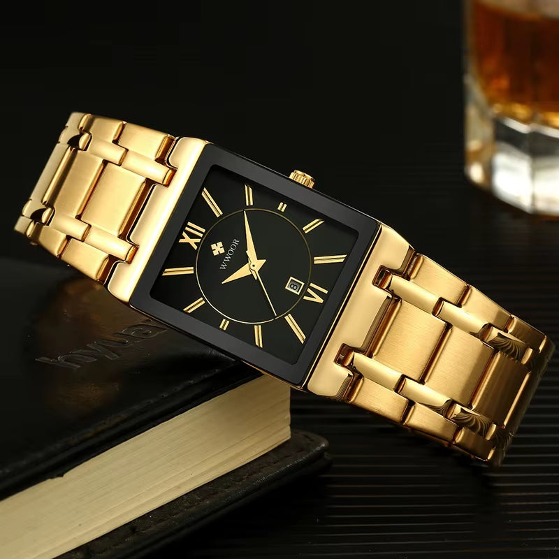 Wwoor-Reloj Cuadrado De Acero Inoxidable Para Hombre, Pulsera De Cuarzo Resistente Al Agua, De Lujo, Color Dorado Y Negro, 2024