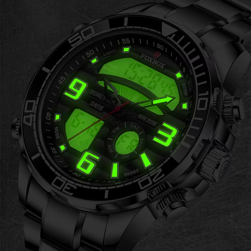 Foxbox-Reloj De Pulsera Deportivo Para Hombre, Cronógrafo De Acero Inoxidable Con Doble Pantalla, Resistente Al Agua, Con Fecha, Nuevo, 2022