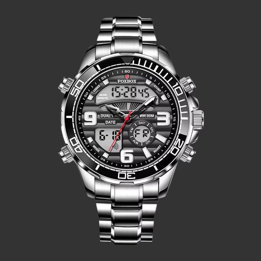 Foxbox-Reloj De Pulsera Deportivo Para Hombre, Cronógrafo De Acero Inoxidable Con Doble Pantalla, Resistente Al Agua, Con Fecha, Nuevo, 2022