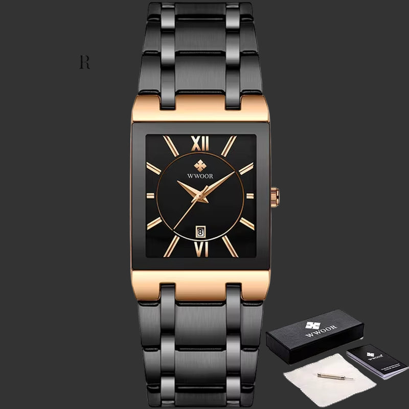Wwoor-Reloj Cuadrado De Acero Inoxidable Para Hombre, Pulsera De Cuarzo Resistente Al Agua, De Lujo, Color Dorado Y Negro, 2024