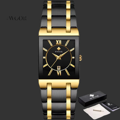 Wwoor-Reloj Cuadrado De Acero Inoxidable Para Hombre, Pulsera De Cuarzo Resistente Al Agua, De Lujo, Color Dorado Y Negro, 2024