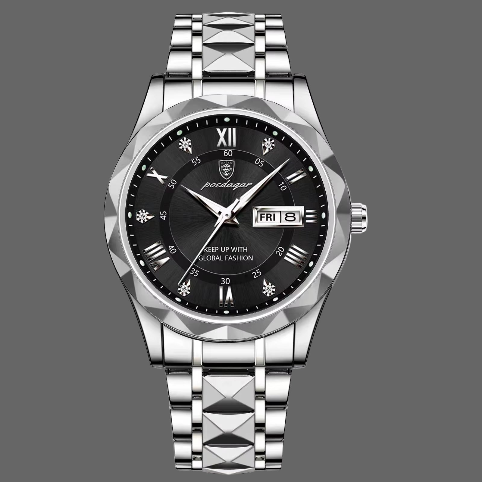 POEDAGAR, Relojes De Negocios De Lujo Para Hombre, Reloj De Pulsera Luminoso De Acero Inoxidable Resistente Al Agua Para Hombre, Reloj Deportivo De Cuarzo Con Fecha Y Semana Para Hombre