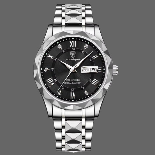 POEDAGAR, Relojes De Negocios De Lujo Para Hombre, Reloj De Pulsera Luminoso De Acero Inoxidable Resistente Al Agua Para Hombre, Reloj Deportivo De Cuarzo Con Fecha Y Semana Para Hombre