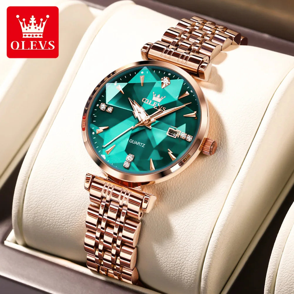 OLEVS Relojes Para Mujer Moda Elegante Forma Rómbica Espejo Reloj De Pulsera De Cuarzo Original Correa Impermeable Fecha