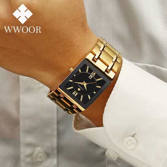 Wwoor-Reloj Cuadrado De Acero Inoxidable Para Hombre, Pulsera De Cuarzo Resistente Al Agua, De Lujo, Color Dorado Y Negro, 2024