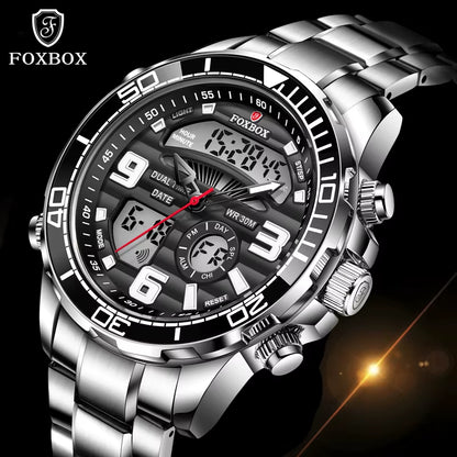 Foxbox-Reloj De Pulsera Deportivo Para Hombre, Cronógrafo De Acero Inoxidable Con Doble Pantalla, Resistente Al Agua, Con Fecha, Nuevo, 2022