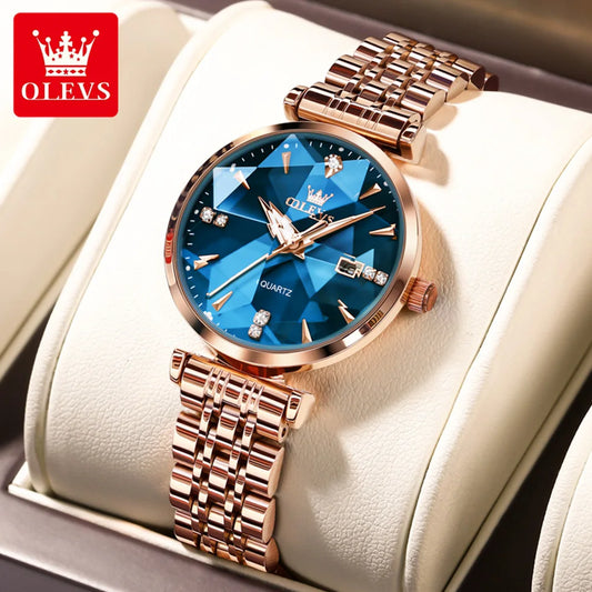 OLEVS Relojes Para Mujer Moda Elegante Forma Rómbica Espejo Reloj De Pulsera De Cuarzo Original Correa Impermeable Fecha
