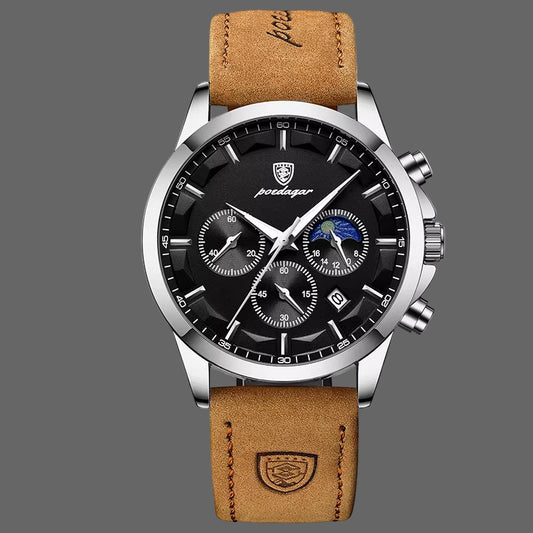 Reloj POEDAGAR De Cuero Genuino Para Hombre, Cronómetro Con Calendario Luminoso a La Moda, Reloj Masculino Resistente Al Agua Con Fase Lunar, Reloj De Pulsera De Cuarzo Para Hombre