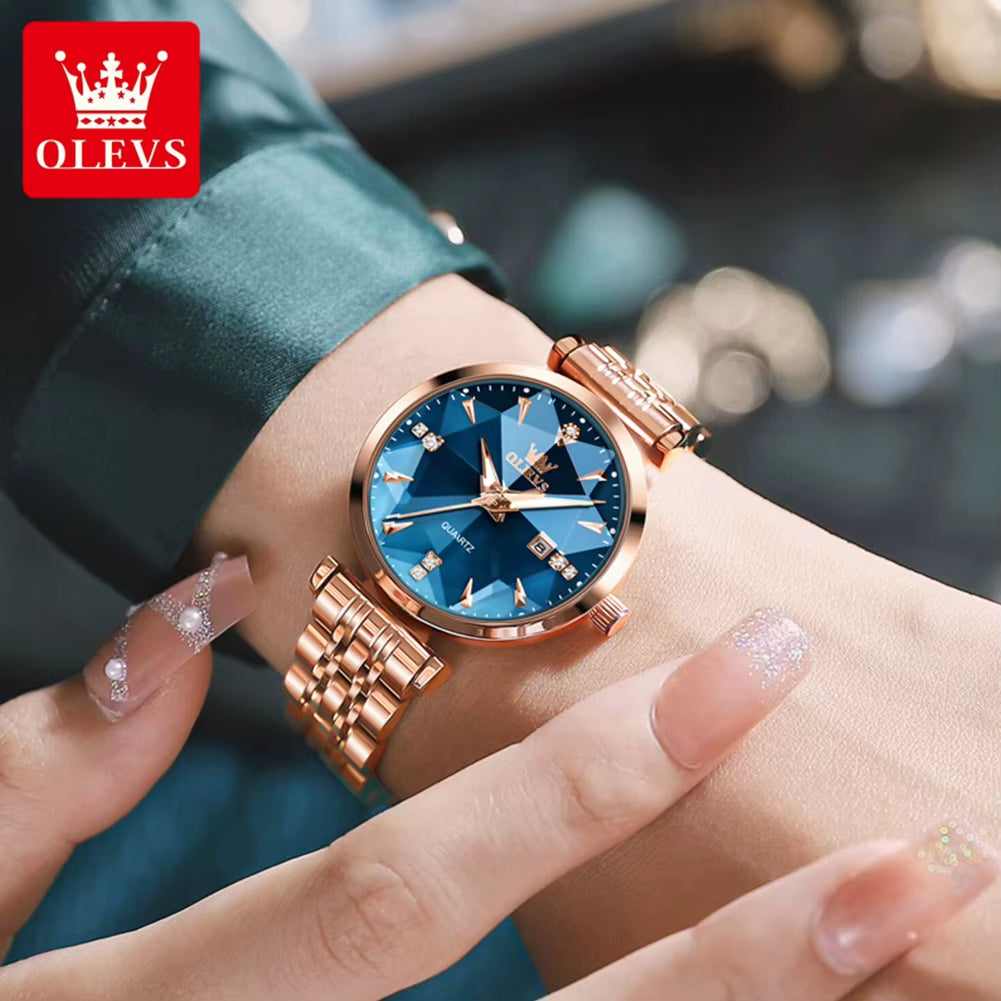 OLEVS Relojes Para Mujer Moda Elegante Forma Rómbica Espejo Reloj De Pulsera De Cuarzo Original Correa Impermeable Fecha